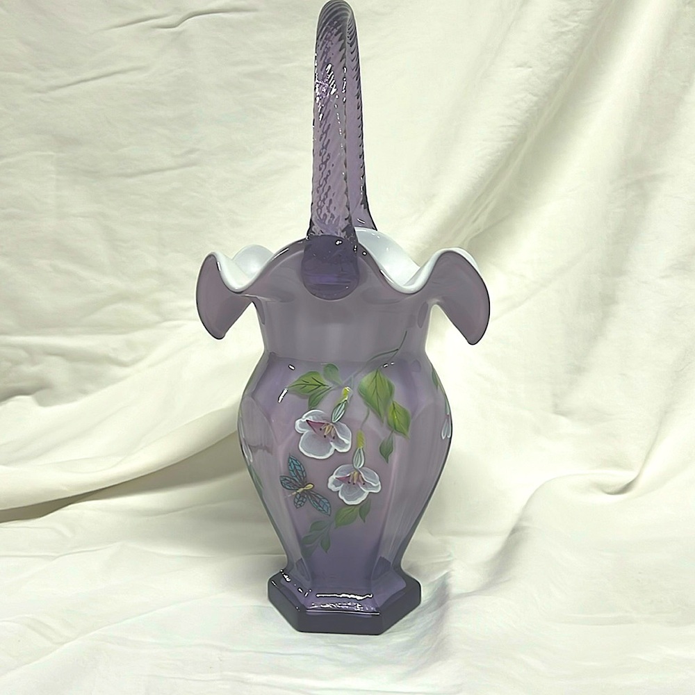Vintage Fenton hand painted "sweetbriar"art glass basket Signed limited edition